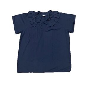 Saule Parc Ruffle V Neck Blouse in Navy Blue Size Medium